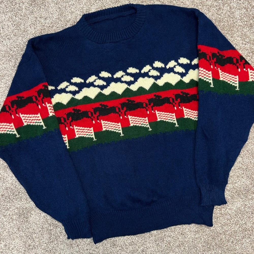 Vintage The Maine-Hatter Horse Jumping Sweater Men‎ Navy Equestrian Crewneck